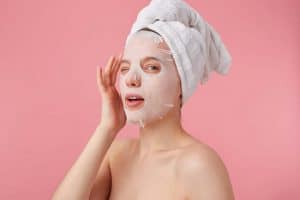 A woman with a face mask on