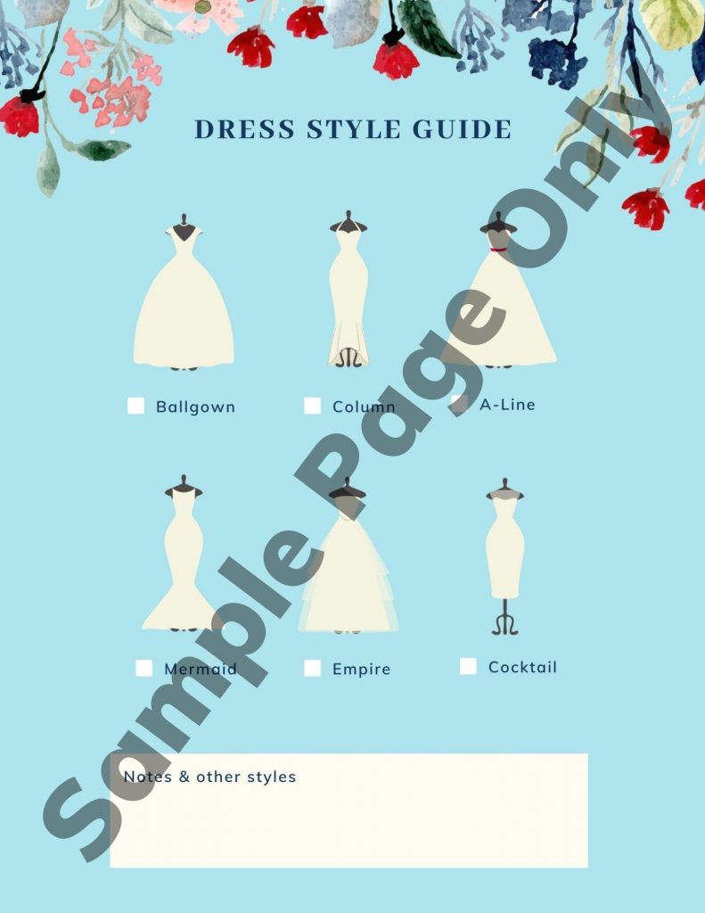 Wedding planner page showing wedding dress styles