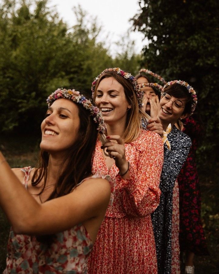 A group of women dressed up for a boho hen party or floral hen party