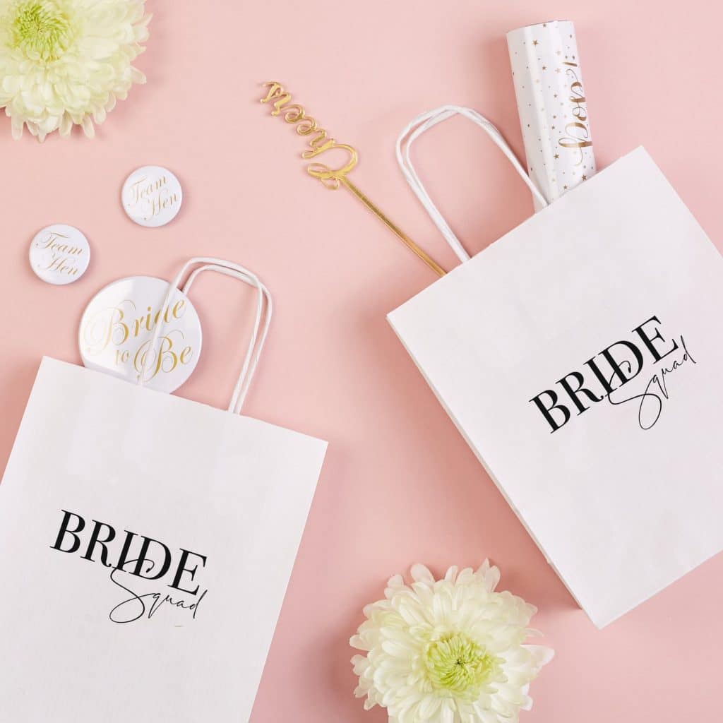 Hen party bags that say bride squad