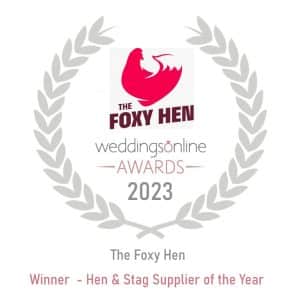 An award badge for The Foxy Hen as the Stag And Hen Party Supplier Of The Year in 2023