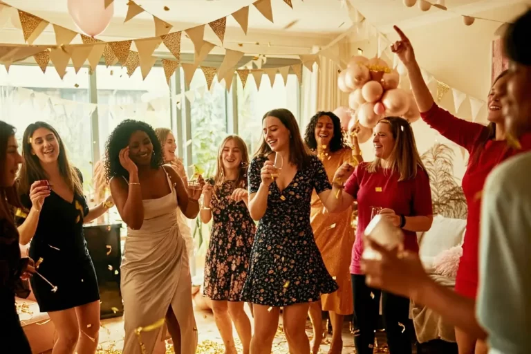 A group of women dancing together for a hen do house party ideas