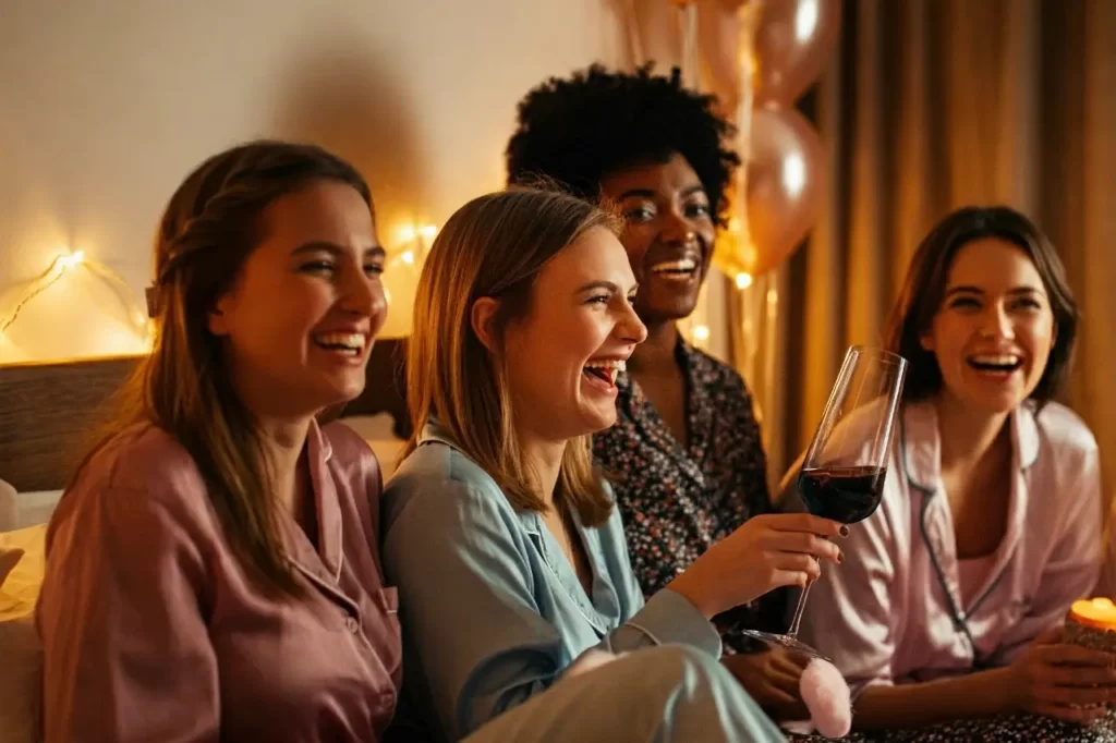 A group of women having a hen party sleepover with a movie marathon