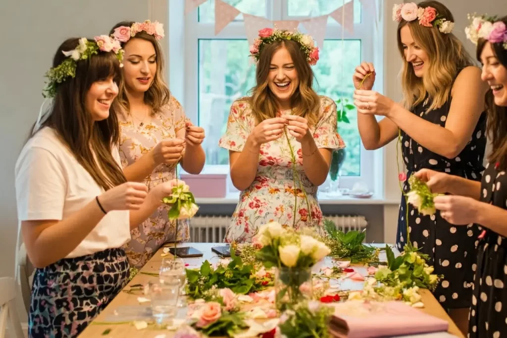 A group of women on a hen do making flower crowns as part of their hen party activities