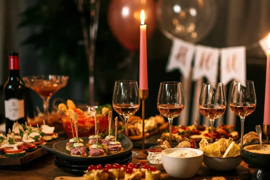 Finger food and wine on a table with hen party decorations in the background for Hen do house party ideas for food and drink