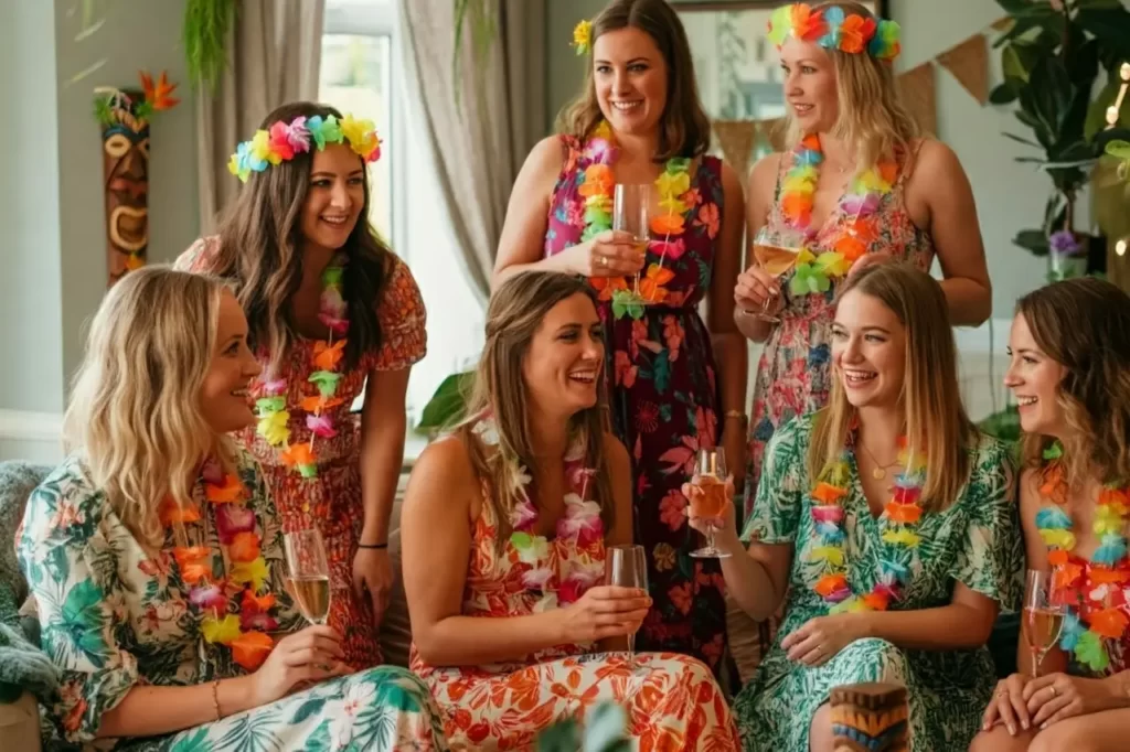 A group of woman at a hen do house party wearing costumes for a tropical luau theme