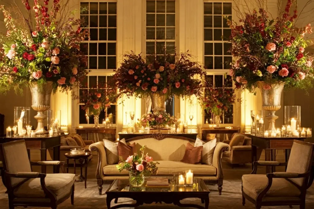 A fancy lounge room decorated with flowers and candles for a Bridgerton hen party