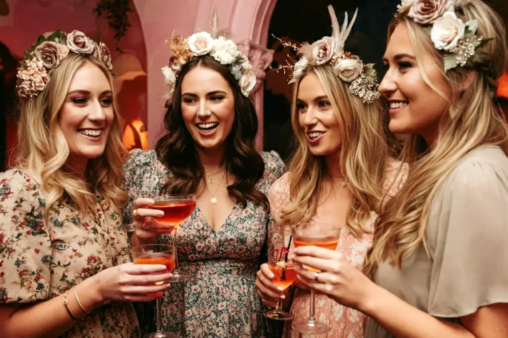 Women wearing floral Bridgerton hen party hair accessories