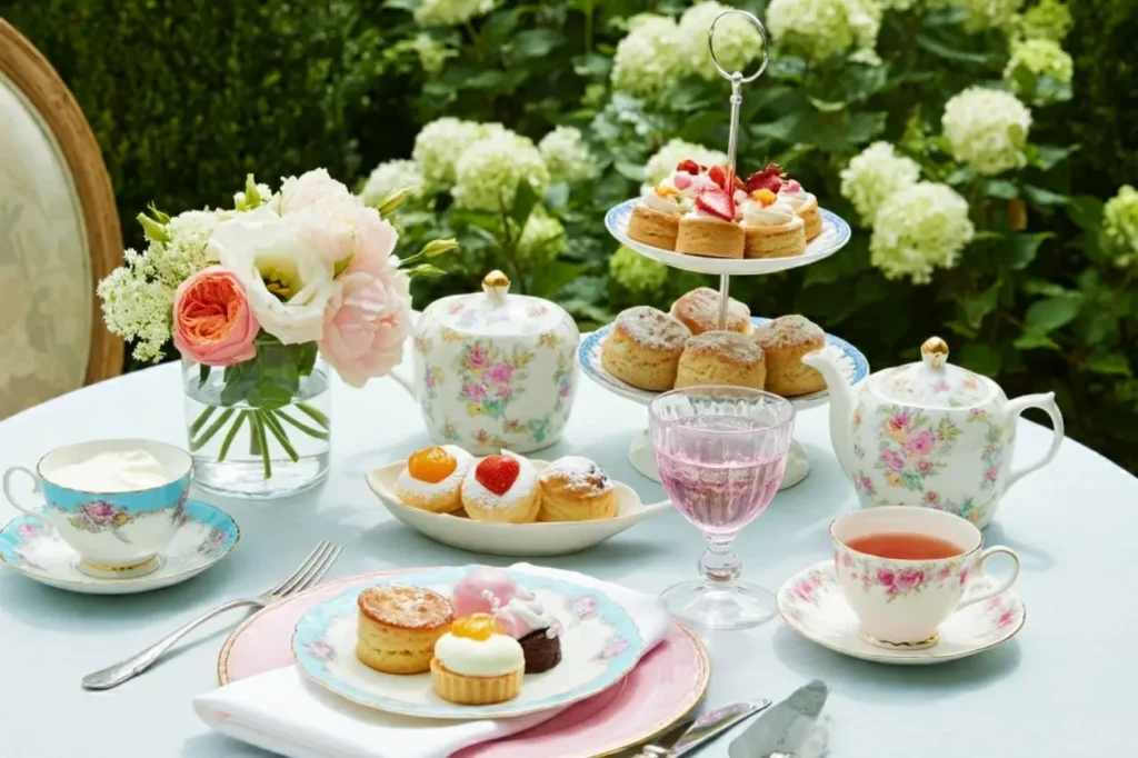 A table with an afternoon tea spread inspired by the theme of a Bridgerton hen party