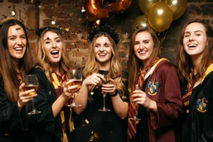 Women dressed up for a harry potter hen party theme