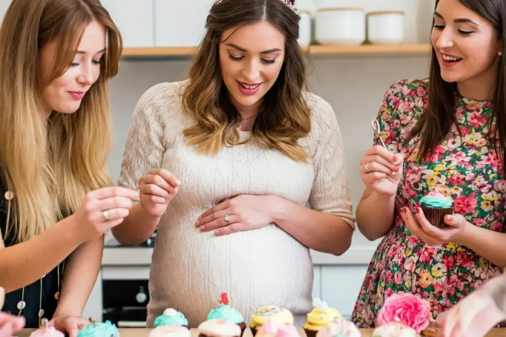 A pregnant bride taking part in a bake off baking challenge for their hen party ideas for pregnant brides