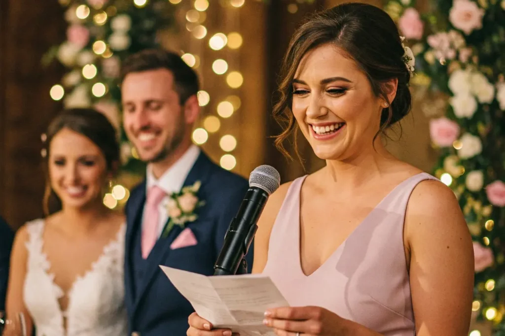 A woman giving the best Maid of Honour speech at a wedding