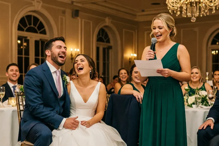 A woman delivering a funny maid of honour speech to the bride and groom